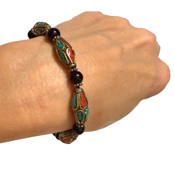 Nepalese Turquoise & Coral Inlay Brass Beaded Bangle - Picture 5 of 7